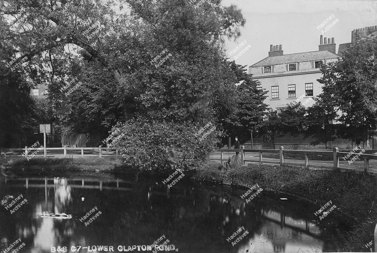 Lower Clapton Road, Clapton Pond and houses to the east, with corner of