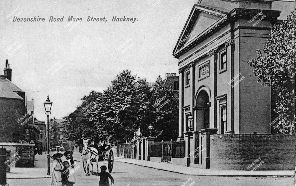 Trinity Chapel from the north-west, looking east along Devonshire Road from junction with Mare Street  c.1900.