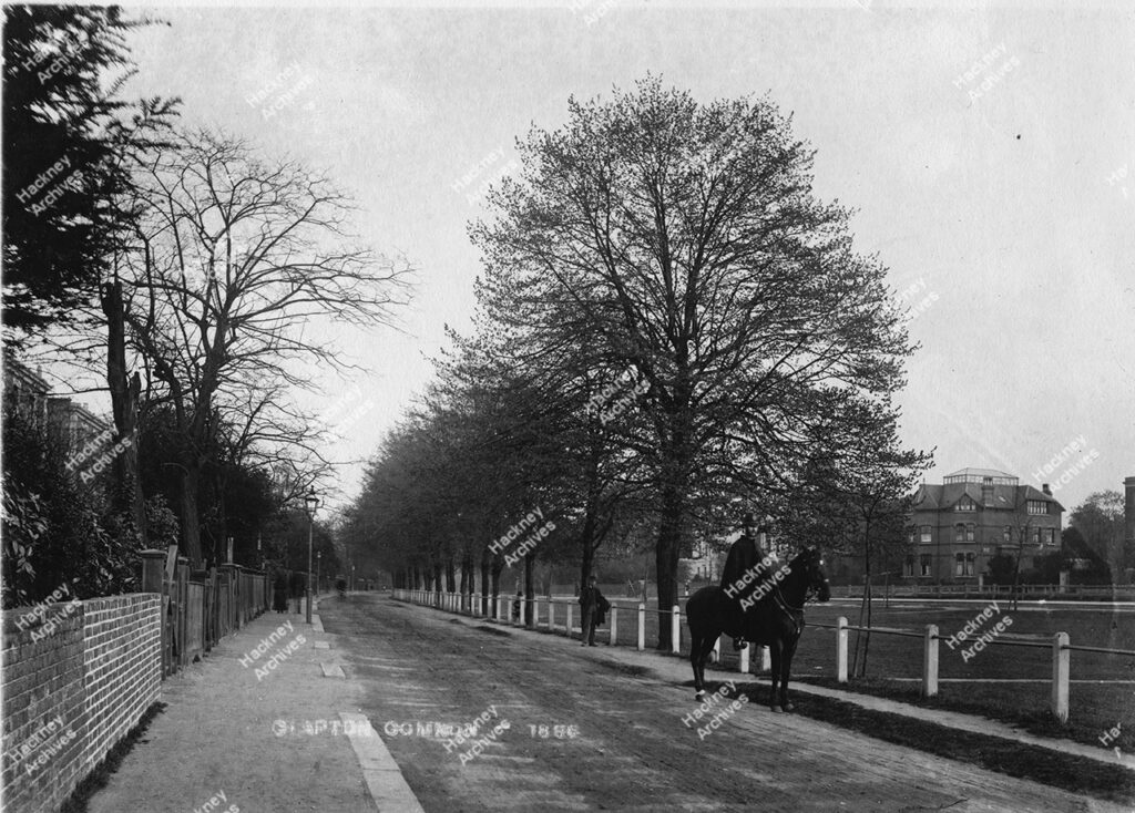 Clapton Common, east side, looking south from near Craven Walk, 1886.