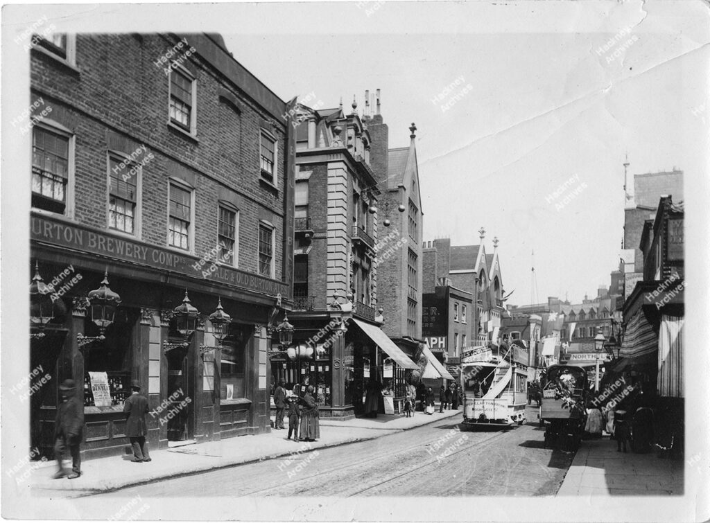 Mare Street, looking north from Cock pub to railway bridge,1887