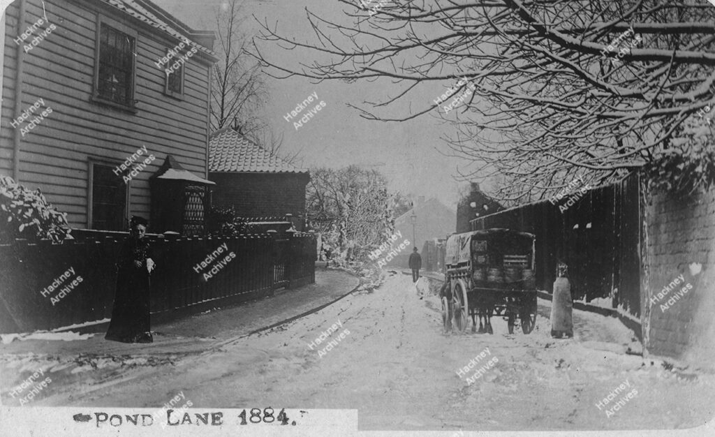 Pond Lane (now Millfields Road), looking east; snow scene, c.1884