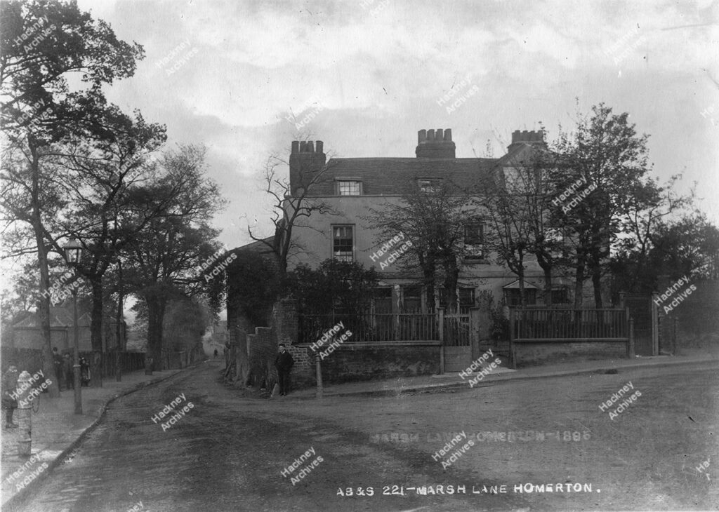 Marsh Lane, looking east from corner of Homerton Lane, c.1885.
