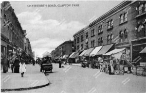 Chatsworth Road, looking north from junction with Dunlace Road. Market stalls, c.1890.