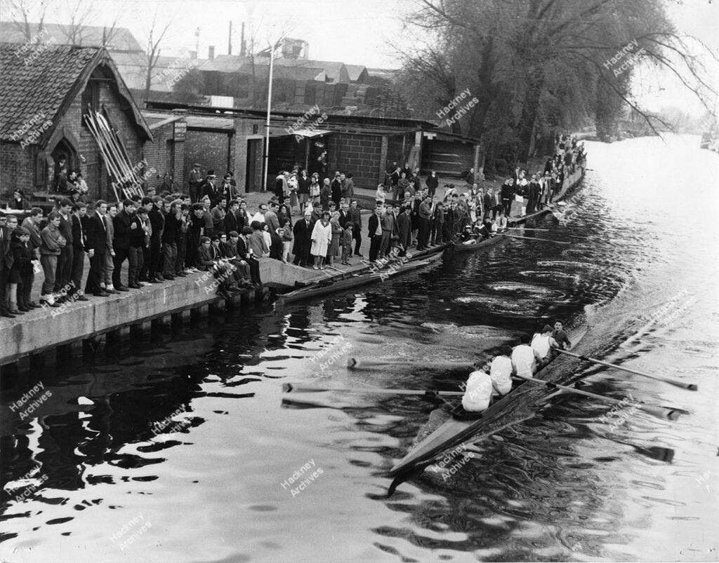 Lea River, view north from Spring Hill boat houses, showing annual Lea Regatta. 1965.