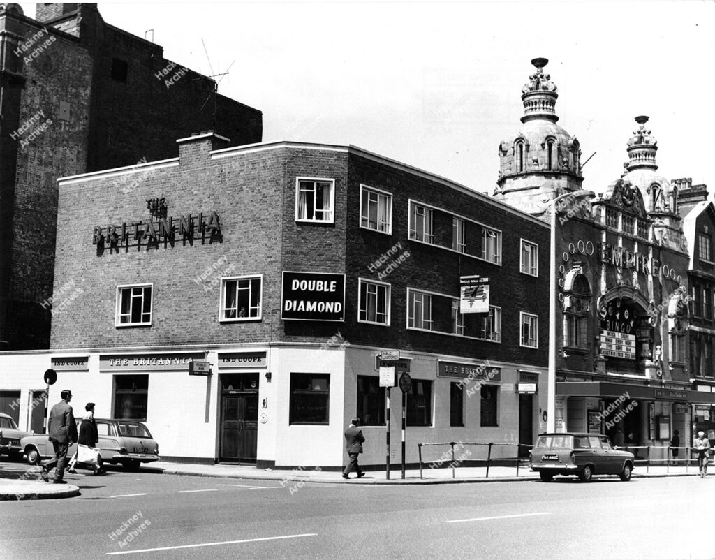 Mare Street, west side, north of Wilton Way; showing the Britannia pub and the Hackney Empire.      c.1966.