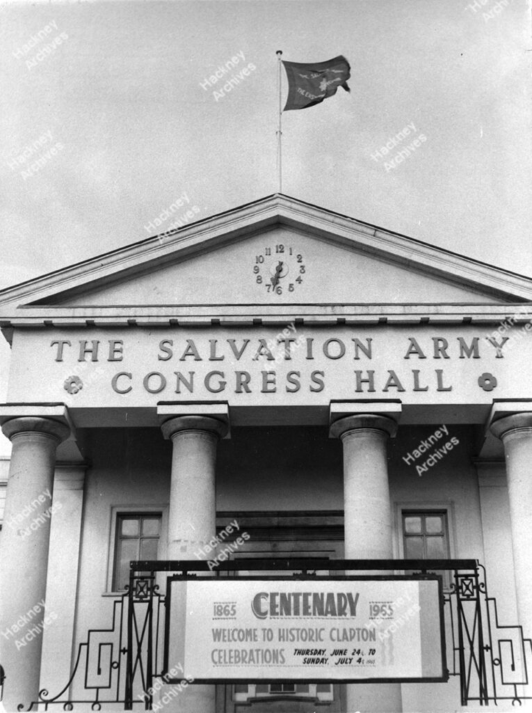 Salvation Army Congress Hall, Linscott Road. main entrance, showing Centenary banner, c.1965.