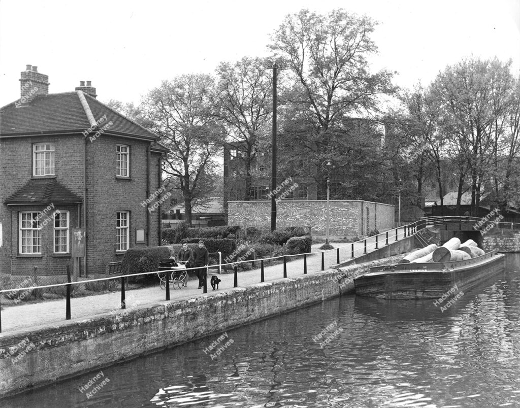 Lea River (Hackney Cut), looking north from just above Millfields Generating Station, showing Weir Cottage, 1966.