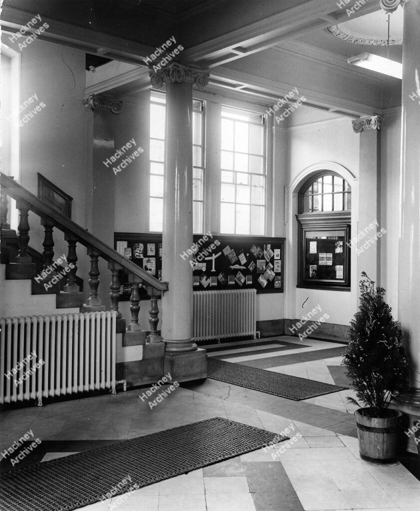 Hackney Central Library. Entrance Hall w. stairs to 1st floor, c.1950.