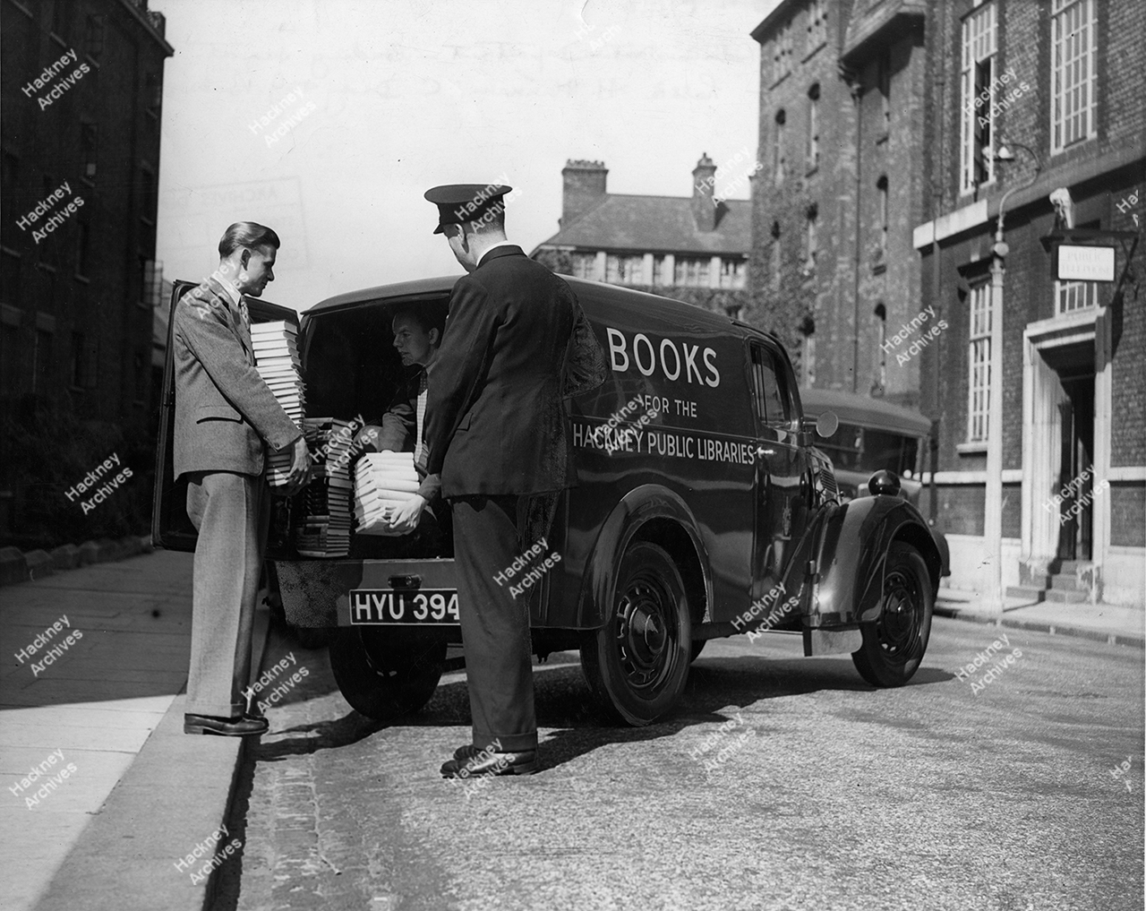 Hackney Central Library. Loading van at rear of Library. 1948