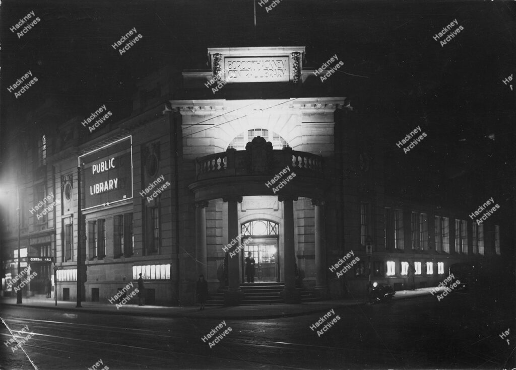 Hackney Central Library. Exterior at night, 1939.