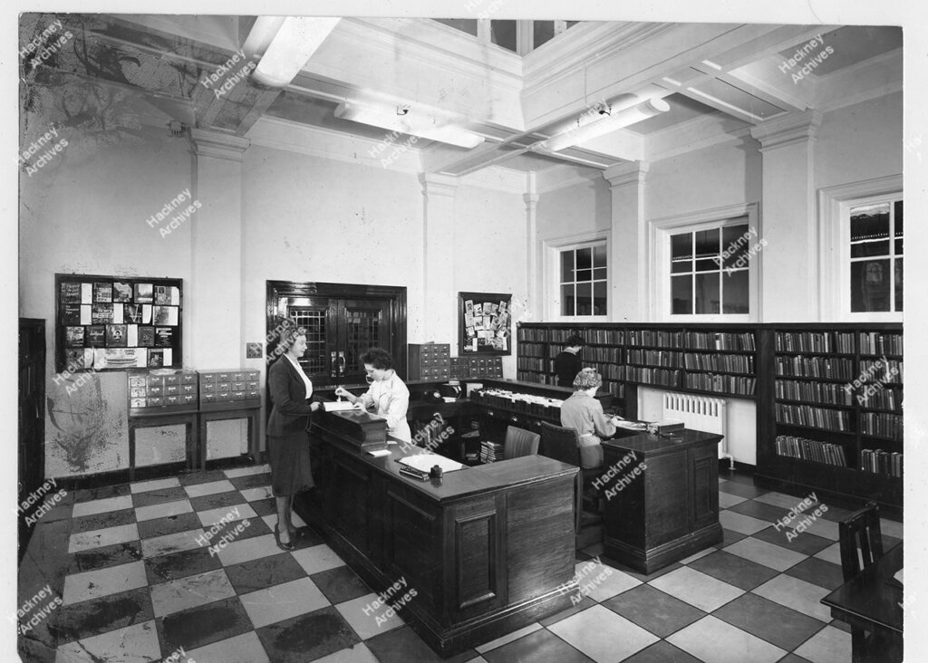 Hackney Library, Clapton branch, 1958. Including the issue desk