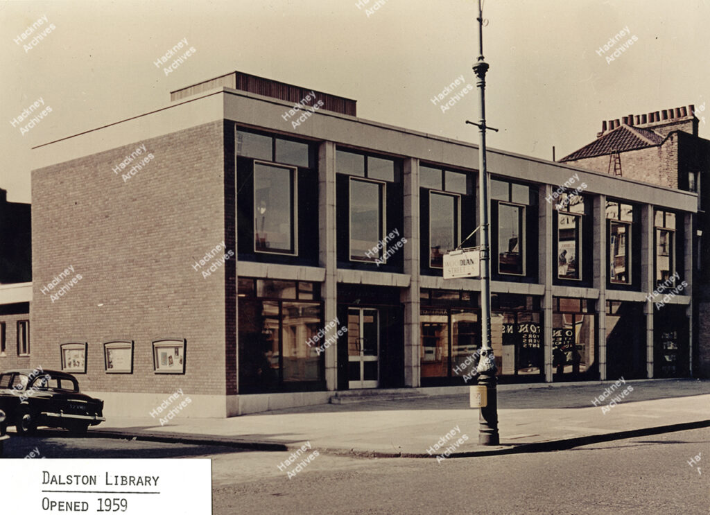Dalston Library. Exterior from Dalston Lane, c.1960.