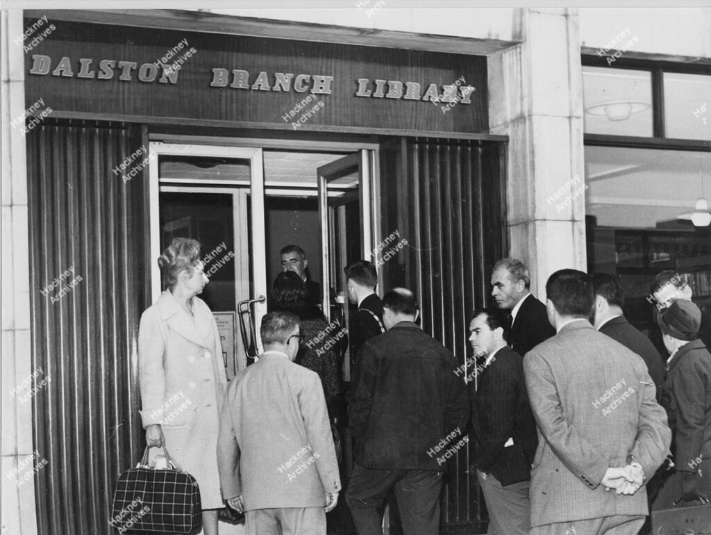 Dalston Library, visit of Italian Co-operators to Dalston Library, 1963. Partly arriving and inside the library.