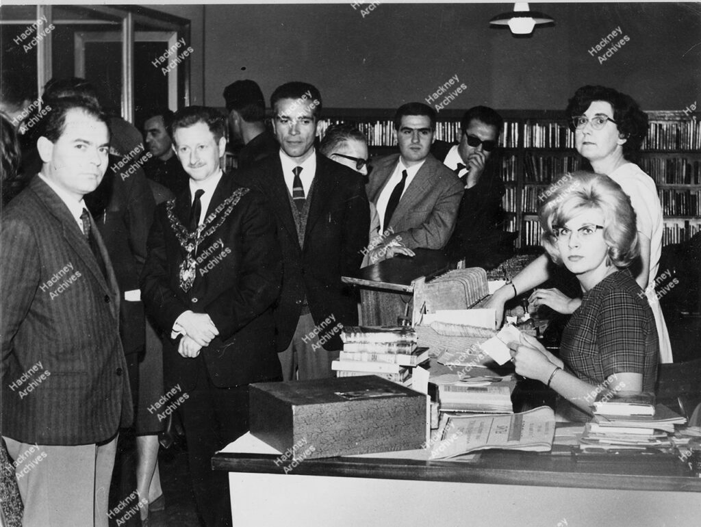 Dalston Library, visit of Italian Co-operators to Dalston Library, 1963. Partly arriving and inside the library.