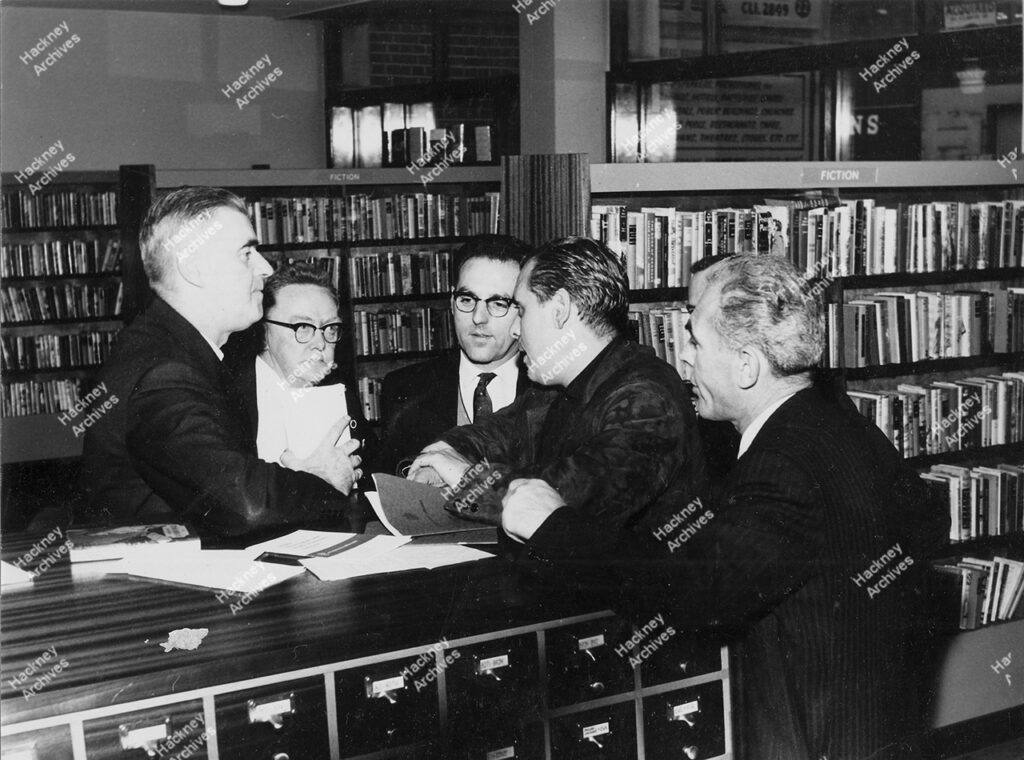 Dalston Library, visit of Italian Co-operators to Dalston Library, 1963. Partly arriving and inside the library.