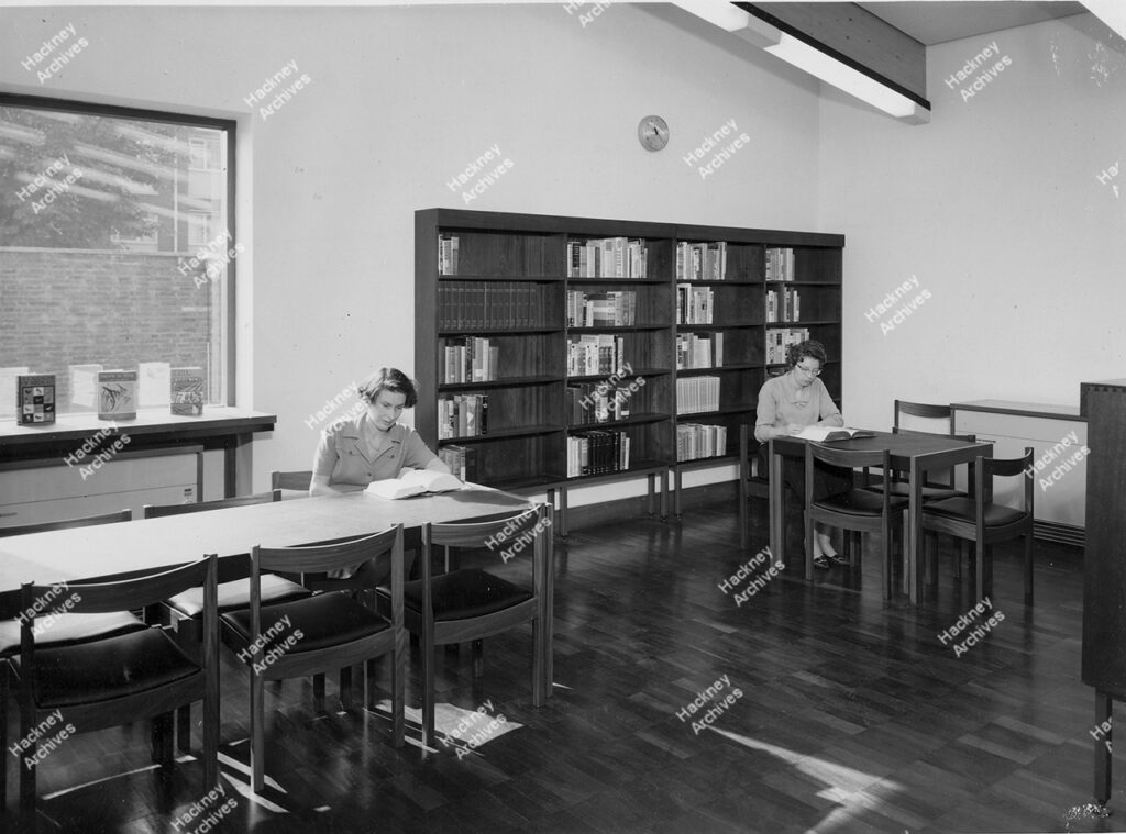 Hackney Parkside library. Mrs. N. Large and Miss Coleman, 1964.