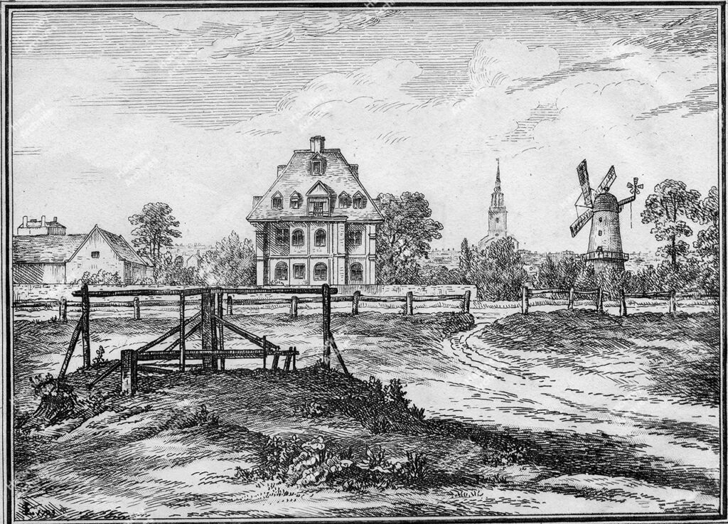 Baumes House, formerly the seat of Sir George Whitmore. Elevation from the north with windmill, farm buildings and Shoreditch Church in background. 1795