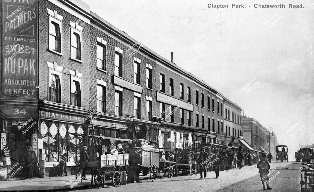 Chatsworth Road, east side, south of junction with Dunlace Road. Market stalls, c.1880 Hackney