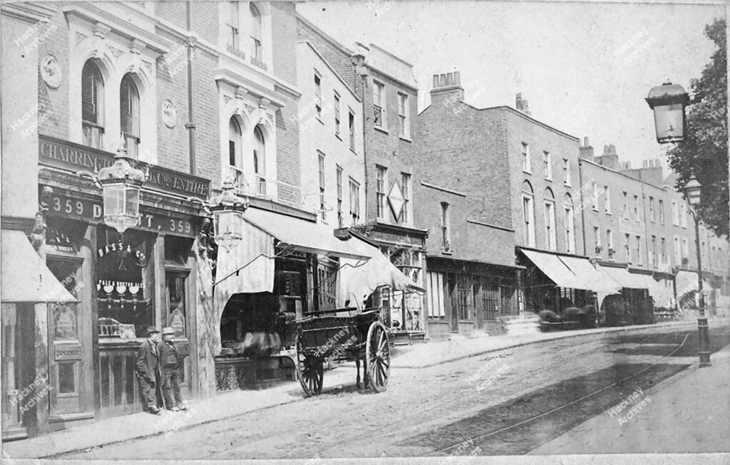 Mare Street, west side, looking north from Three Cranes pub, c.1880.