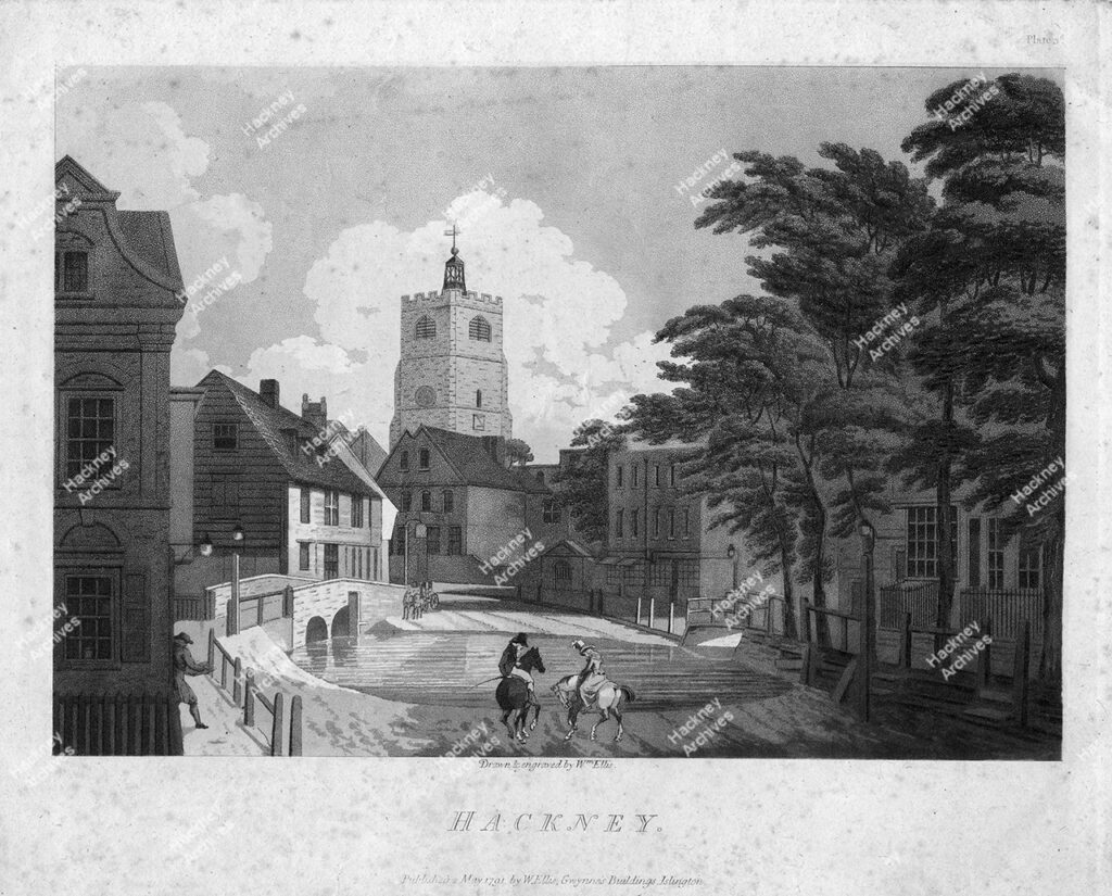 Mare Street, looking north from south side of Hackney Brook, 1791.