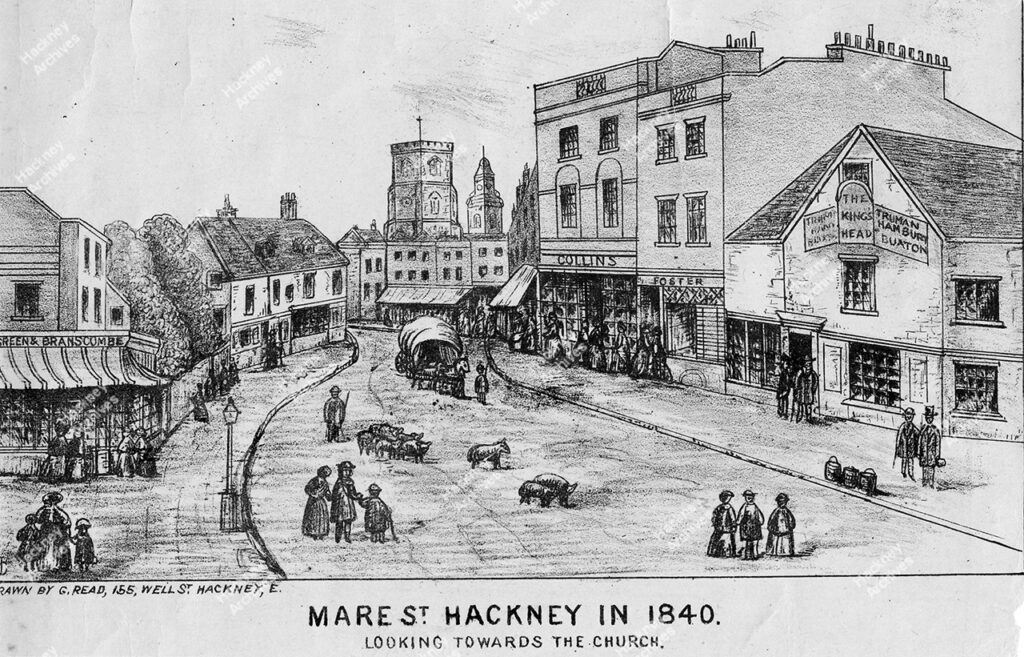 Mare Street, Hackney, looking north. Shows King’s Head pub. Print of pencil drawing, c.1840.
