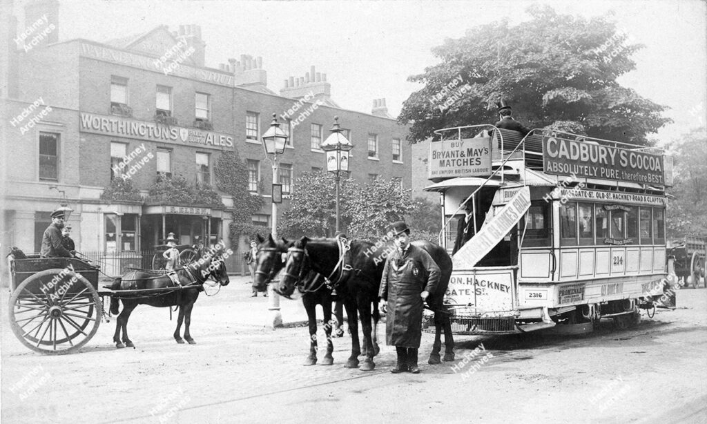 Clapton Common, west side. Showing Swan Hotel and Clapton to Moorgate horse-bus, c.1880
