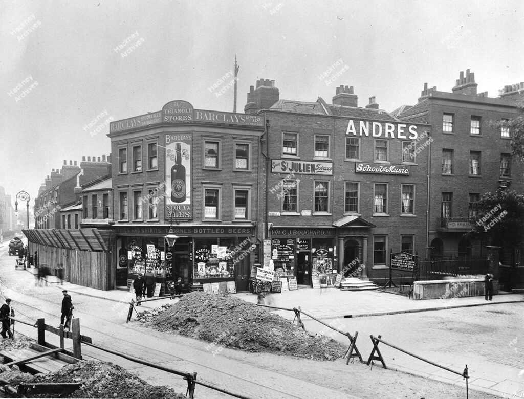 101-109 Mare Street (Hackney Triangle). west side, north of junction with westgate Street, c.1910.
