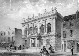 Proposed elevation for Shoreditch Town Hall. View east along Old Street. Lithograph by Kell Bros. Shows adjacent premises (prior to construction of north London line extension and fire station), c.1865.