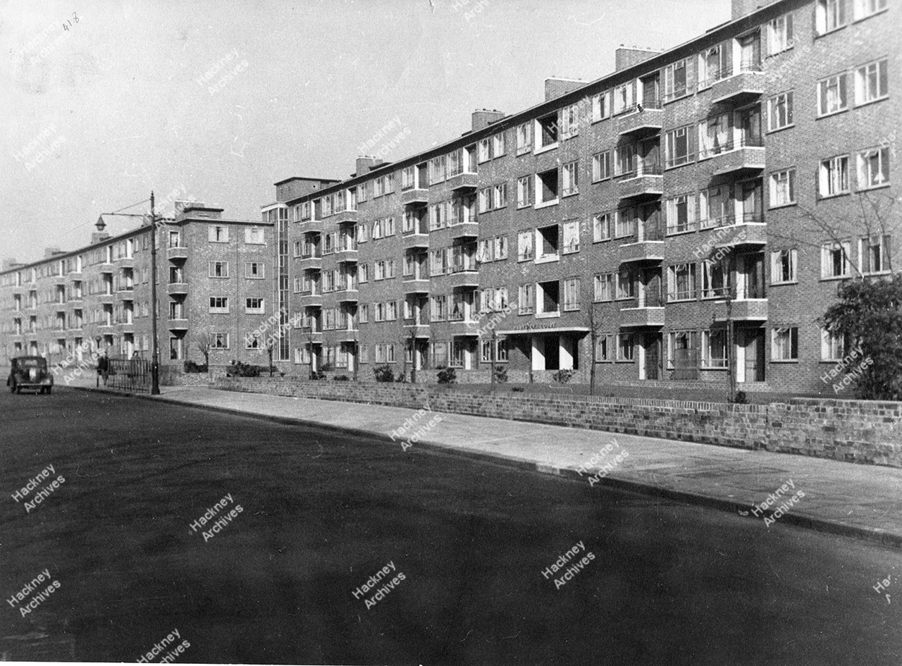 Albion Road, east side, showing Hawksley Court, c.1950 Hackney