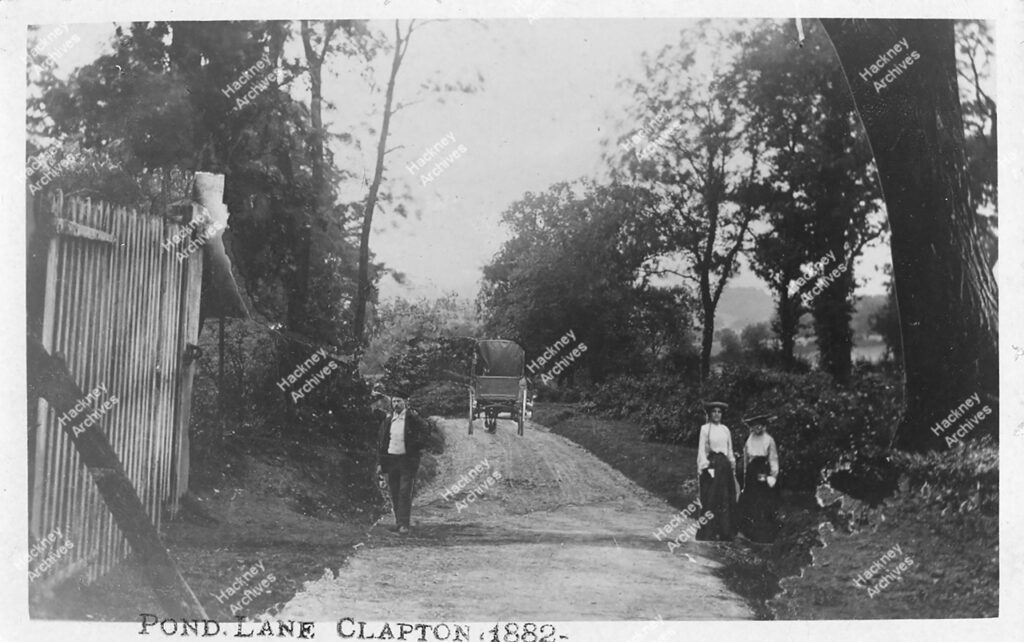 Pond Lane (now Millfields Road), eastern end, looking east; showing horse-drawn carriers’ wagon, 1882