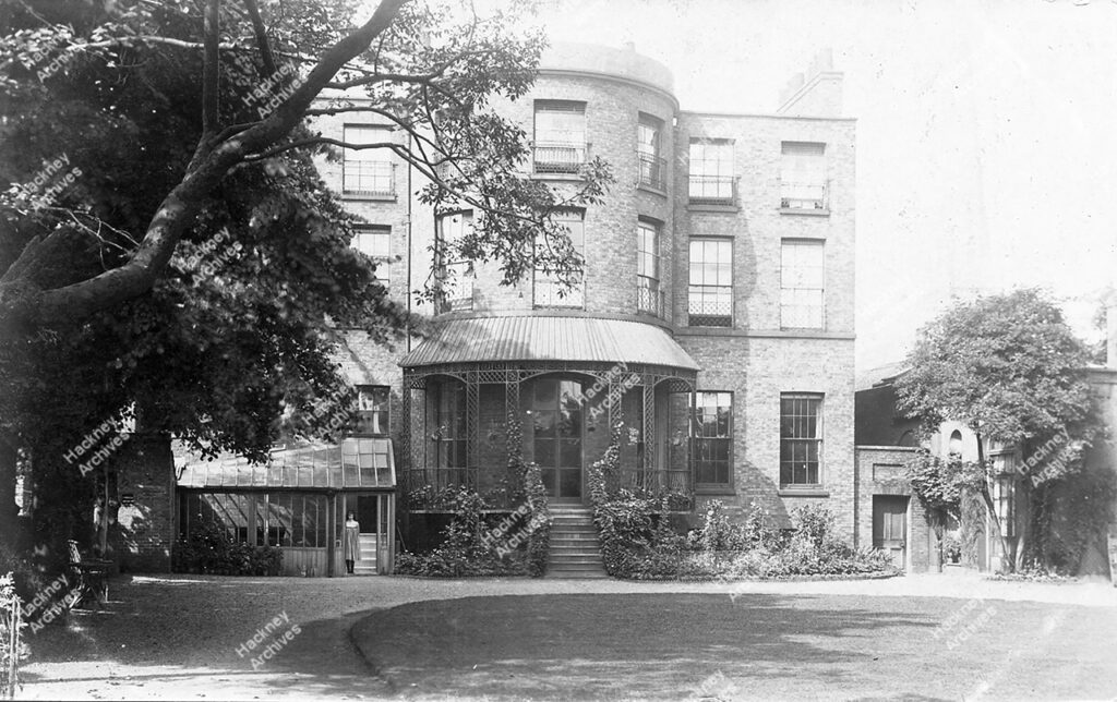 Pond House School, Lower Clapton; from the garden. Also showing spire of Clapton Wesleyan Church, c.1890.