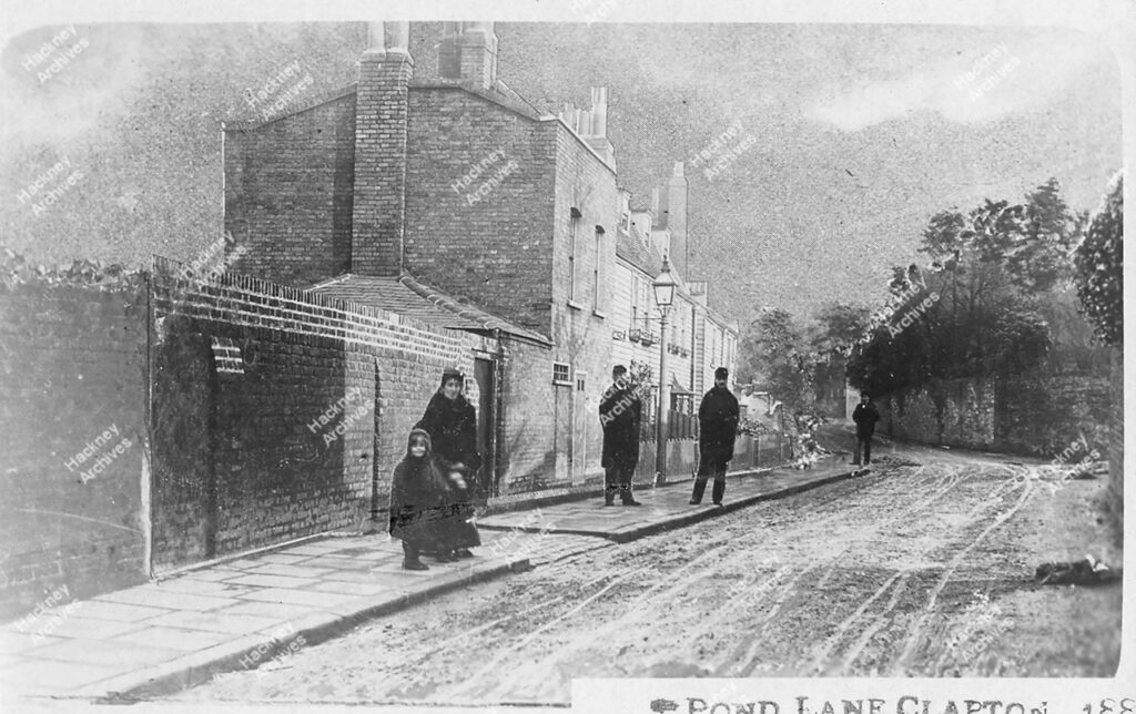 Pond Lane (Now Millfields Road), looking east from houses near Clapton end, 1884