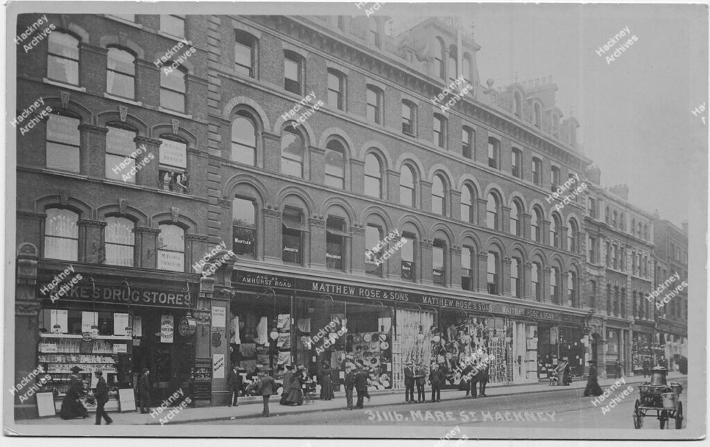 Mare Street, west side, opposite Hackney Tower; showing Matthew Rose’s shop, c.1900.