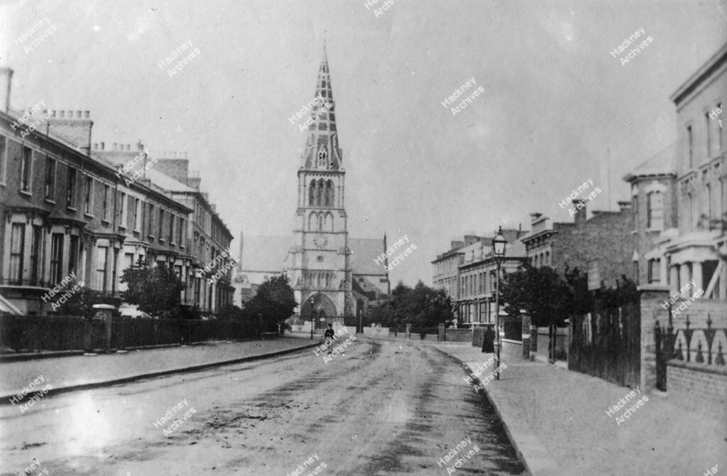 St. John of Jerusalem Church from the south-west, looking towards junction of King Edward’s Road and Lauriston Road, c.1890.
