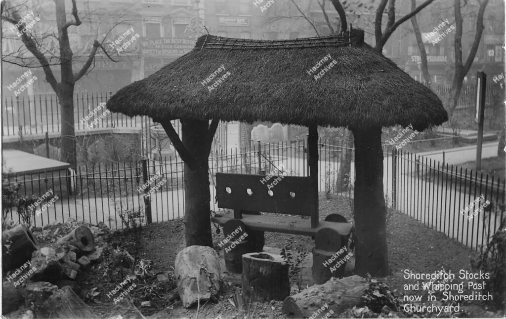 Shoreditch Stocks and Whipping post, St Leonard’s, Shoreditch High Street, Hackney. 1910.