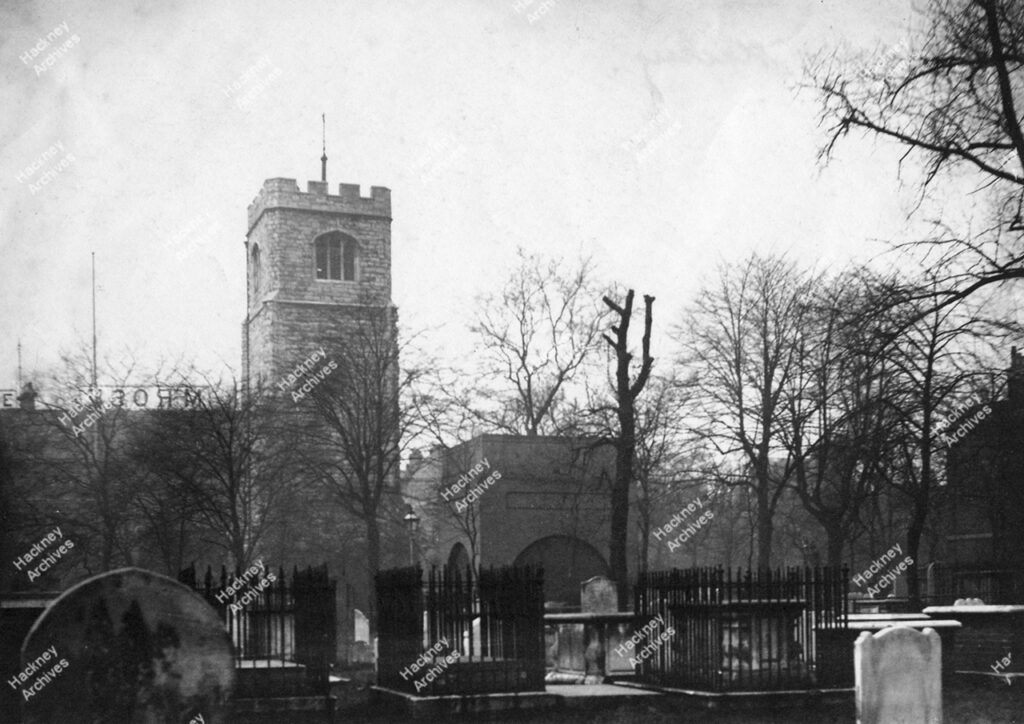 St. Johns at Hackney Churchyard, looking north-east towards Mare Street, showing Hackney Tower and the Rowe Chapel, 1800s.