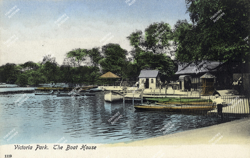 Victoria Park, the Boating Lake and Boat House, c.1920.