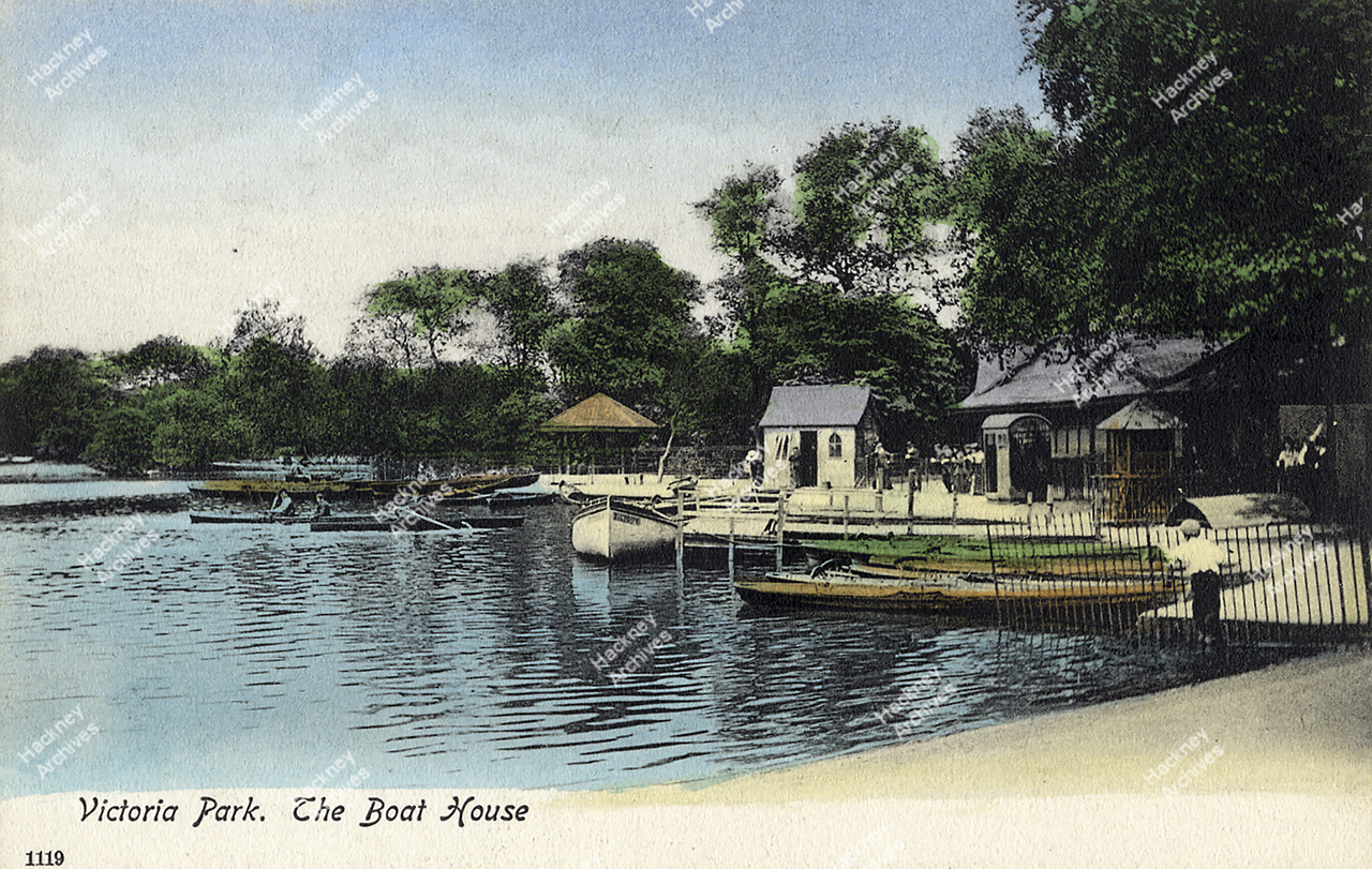 Victoria Park, the Boating Lake and Boat House, c.1920. Hackney