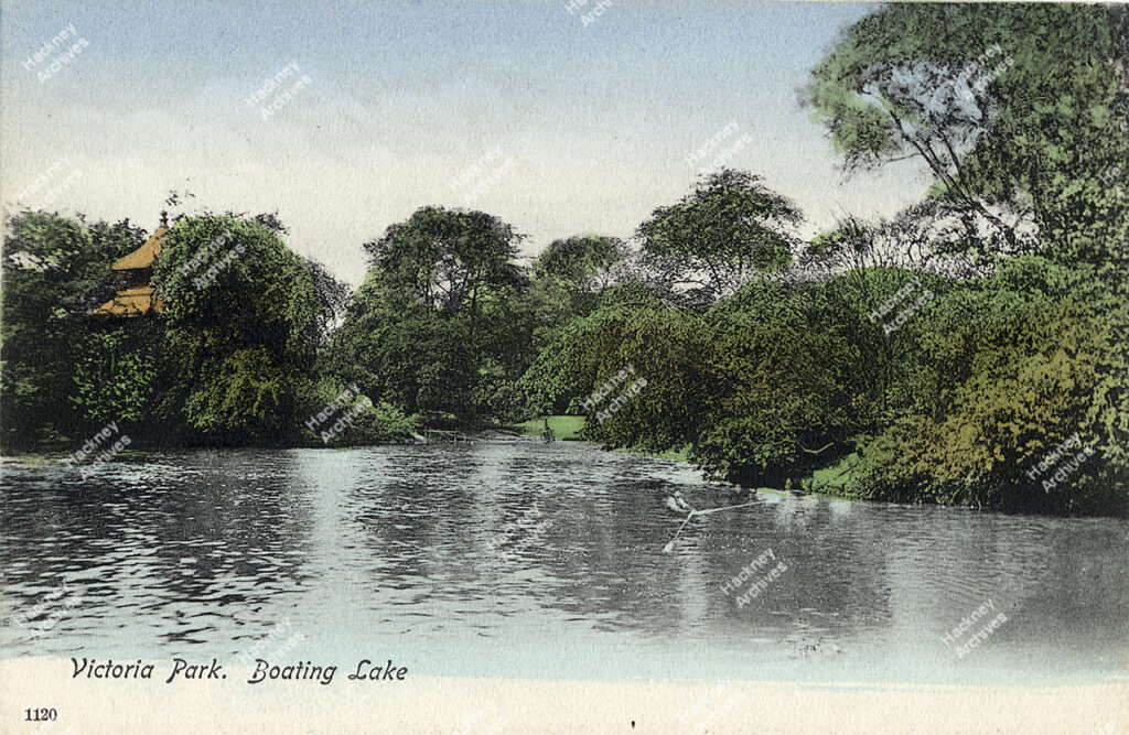 Victoria Park, the Boating Lake; showing the pagoda, c.1920.