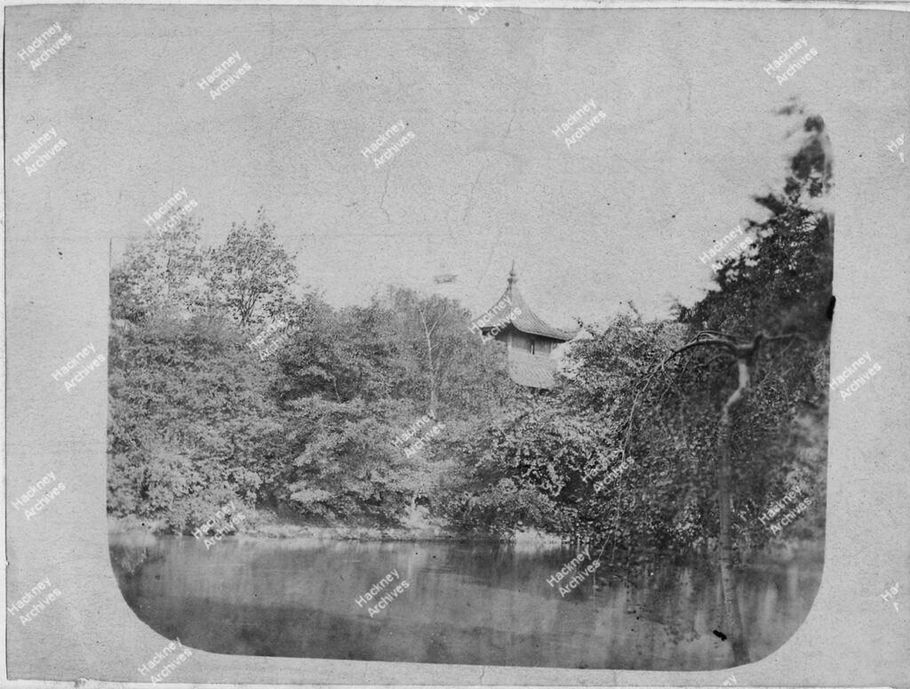 Victoria Park, the Boating Lake; showing the pagoda, c.1872.
