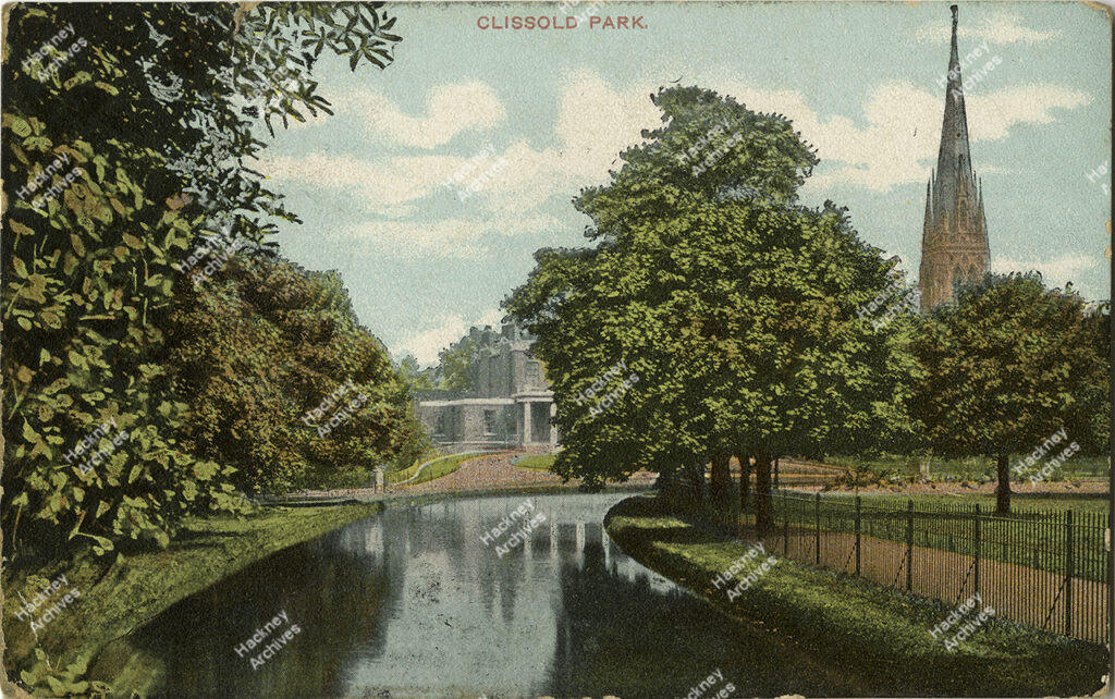 Clissold Park looking east from deer enclosure. Includes mansion and St Mary’s Church, c.1905