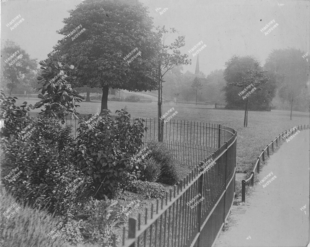 Clissold Park, looking north east towards mansion house. Includes the spire of St Mary’s Church, c.1800.