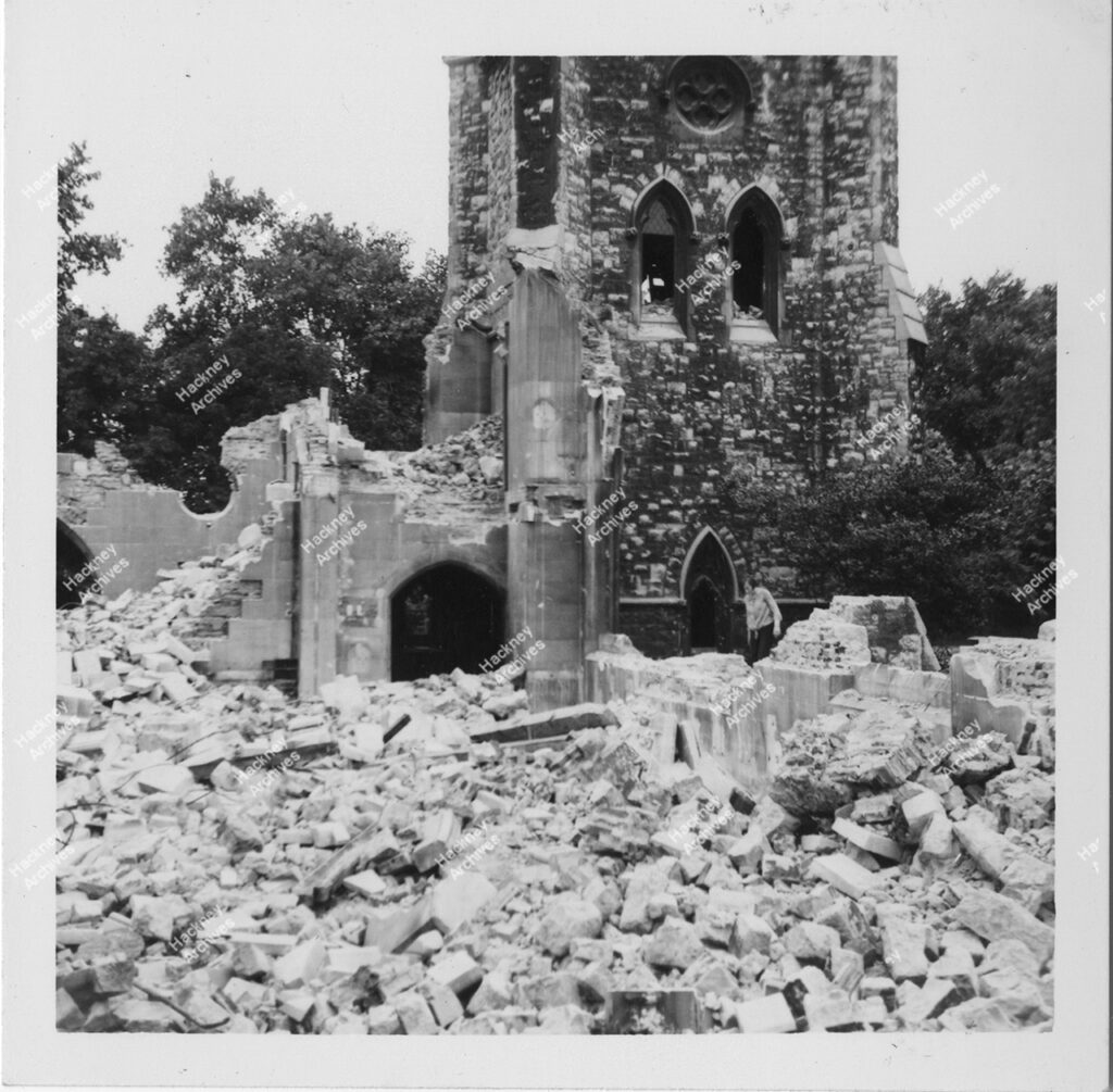 Demolition of Stamford Hill Congregational Church, Spire still standing amongst rubble. Portland Avenue, Hackney. 1966