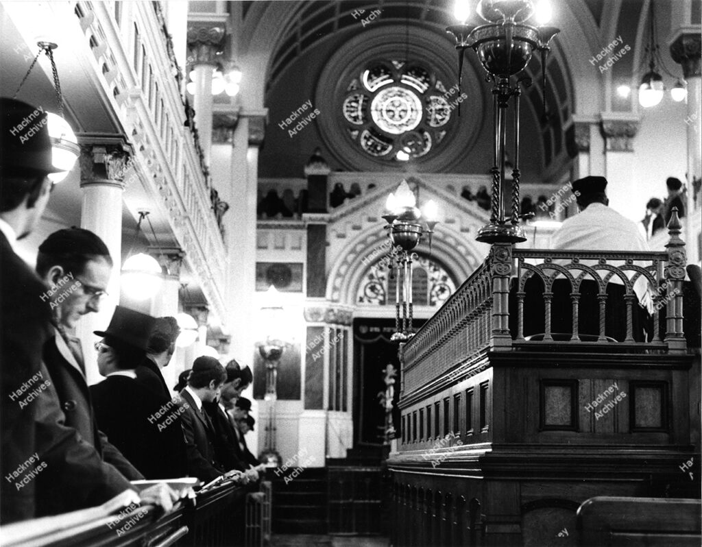 Dalston Synagogue, Poets Road.  Interior of Synagogue, showing last service held before closure in January 1967.