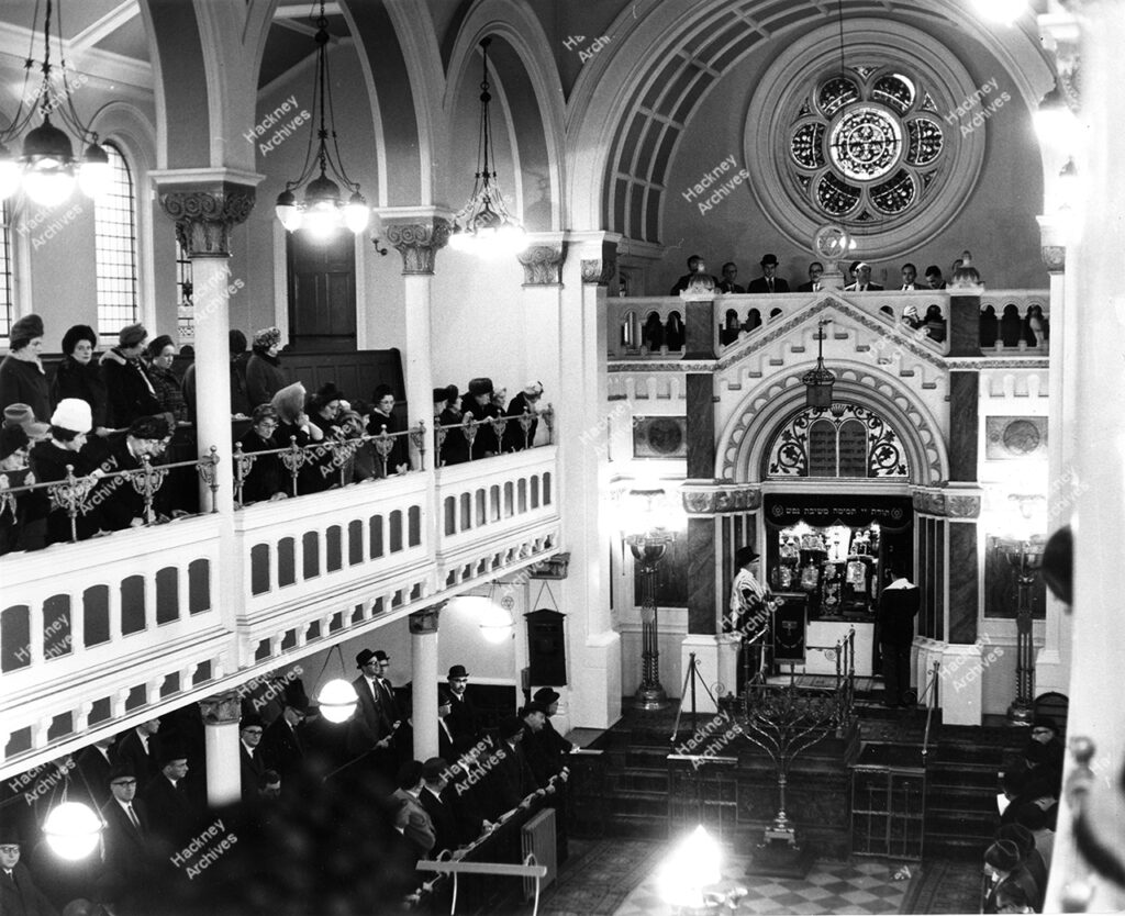 Dalston Synagogue, Poets Road.  Interior of Synagogue, showing last service held before closure in January 1967.