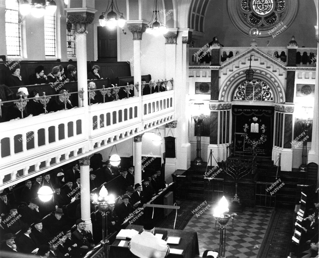 Dalston Synagogue, Poets Road.  Interior of Synagogue, showing last service held before closure in January 1967.