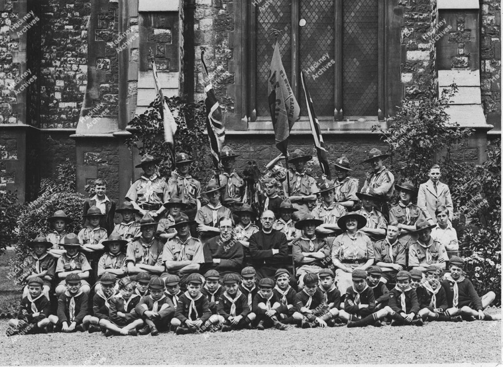 Stoke Newington Scout Troop outside New St Mary’s Church, with Vicar and Curate, 1937.