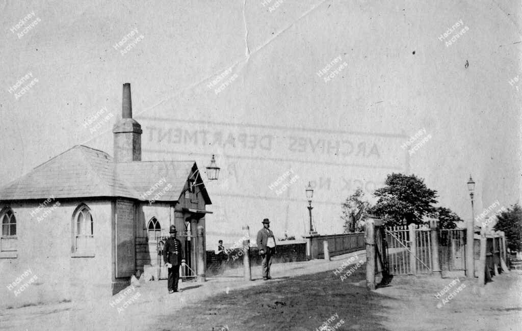 Lea Bridge Toll gate, looking east across the bridge and showing toll-keepers cottage, c.1860.