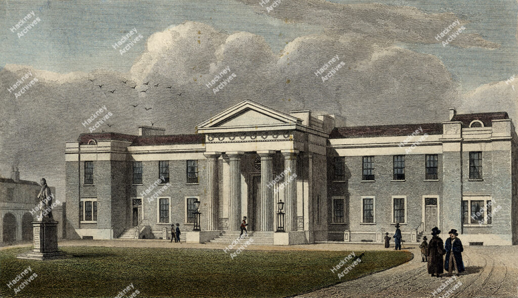 Engraving of Haberdasher’s Almshouses (Aske’s Hospital), Pitfield Street, Hoxton. Published January 12, 1823, by Jones & Co., 3, Acton Place, Kingsland Road. Drawing by T. H. Shepherd, engraved by John Rolph. 1823.