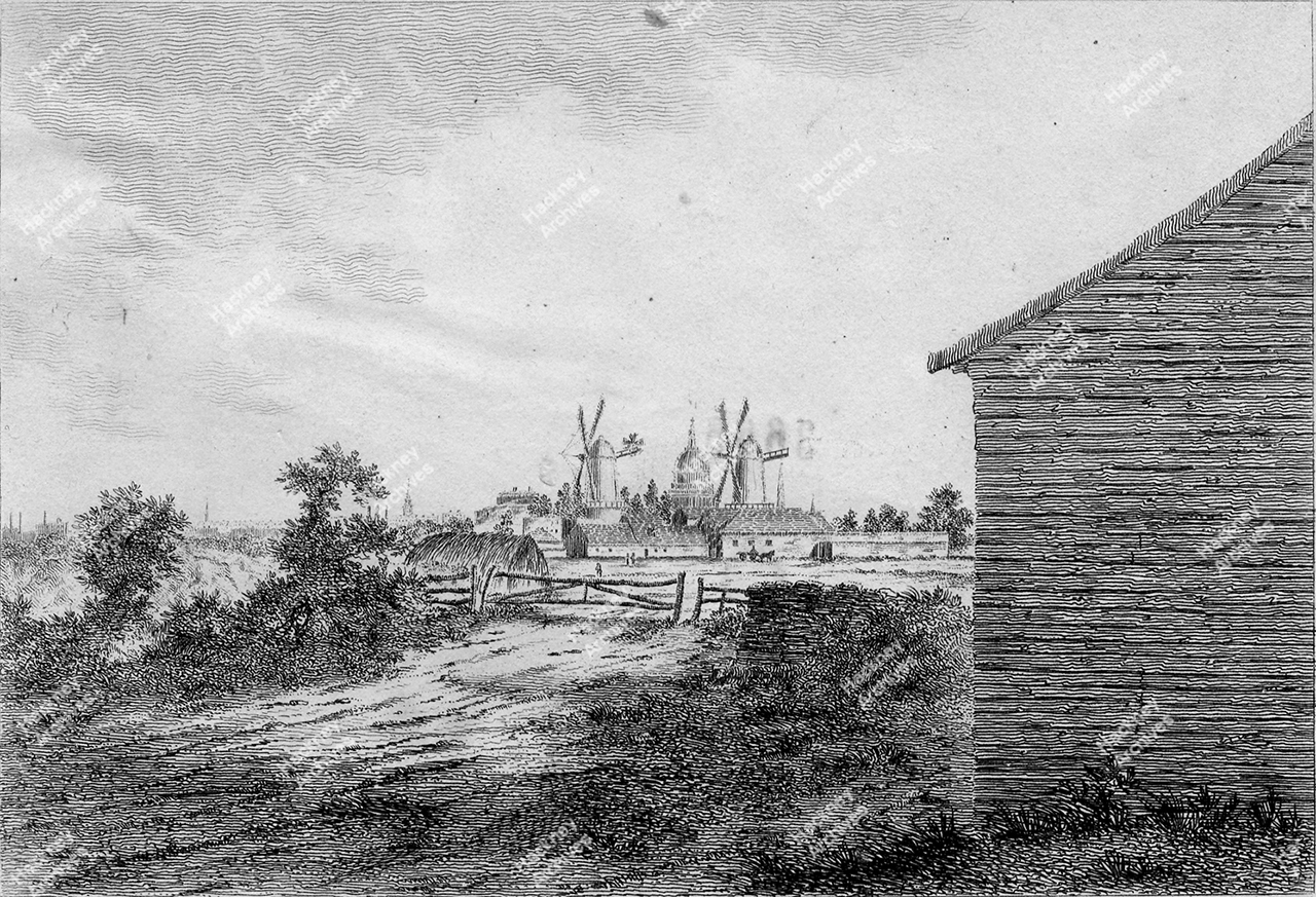 The White Lead Mills near Hoxton, Hackney, c.1800.Includes fields, hay
